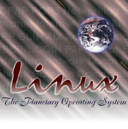 [`Linux: The Planetary Operating System' with Earth on rippled backgnd]