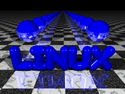 [ray-traced blue `Linux' in front of parallel hallway of blue balls]