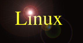 [golden `Linux' floating in space, with the Sun as the dot over the `i']