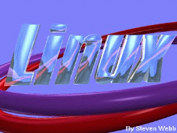 [ray-traced `Linux' floating in the middle of two horizontal hoops]