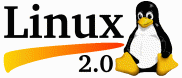 [`Linux 2.0,' swoosh and penguin]