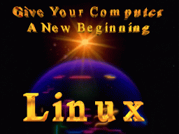 [ray-traced `Give Your Computer A New Beginning' Linux logo]