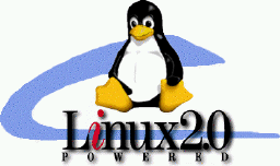 [`Linux 2.0 Powered' and penguin on top of a blue `swoosh']