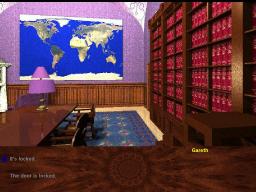 [the library, with a table, a bookcase, and `naked' Earth image on wall]