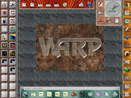 [gorgeous custom desktop with `WARP' background and multiple icon bars]